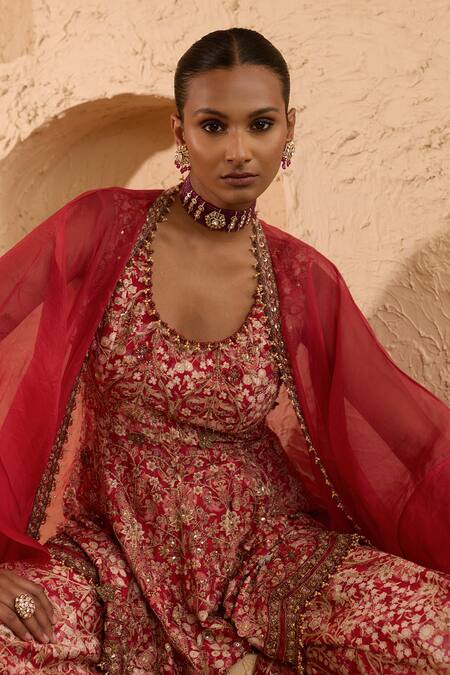 Buy_Ridhima Bhasin_Red Chanderi Embroidery, Zari Scoop Orelle Printed Peplum Kurta Sharara Set 