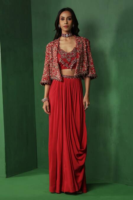 Ridhima Bhasin_Red Georgette, Crepe Embroidery, Sequins, Beads Abeer Jacket Draped Skirt Set _Online_at_Aza_Fashions