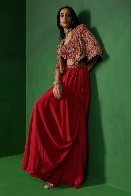 Buy_Ridhima Bhasin_Red Georgette, Crepe Embroidery, Sequins, Beads Abeer Jacket Draped Skirt Set _Online_at_Aza_Fashions