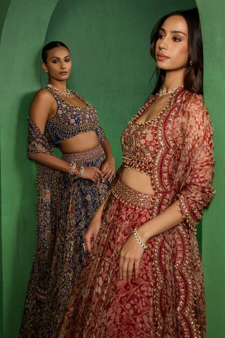 Shop_Ridhima Bhasin_Red Organza Embroidery, Beads, Sequins, Zari Square Aureen Print Lehenga Set  _Online_at_Aza_Fashions
