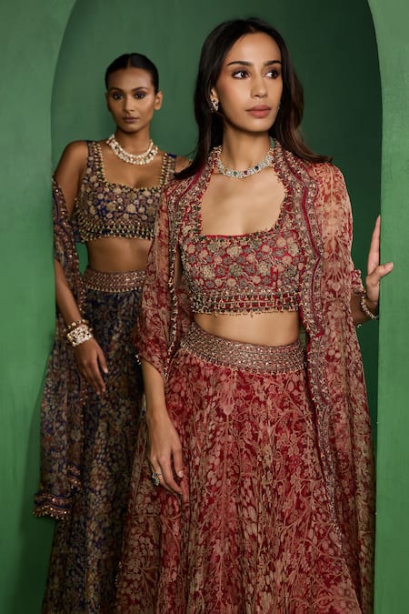 Buy_Ridhima Bhasin_Red Organza Embroidery, Beads, Sequins, Zari Square Aureen Print Lehenga Set  