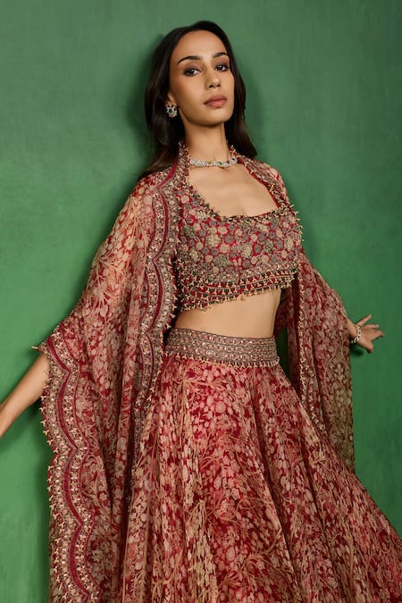 Shop_Ridhima Bhasin_Red Organza Embroidery, Beads, Sequins, Zari Square Aureen Print Lehenga Set  