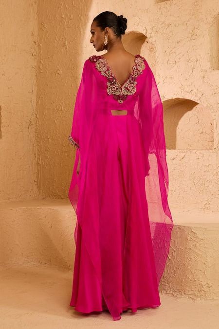 Ridhima Bhasin_Pink Organza, Crepe Beads, Stones, Embroidery Elor Embellished Kaftan And Pant Set _Online_at_Aza_Fashions