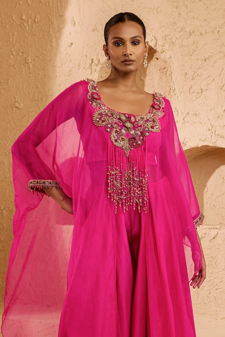 Buy_Ridhima Bhasin_Pink Organza, Crepe Beads, Stones, Embroidery Elor Embellished Kaftan And Pant Set _Online_at_Aza_Fashions