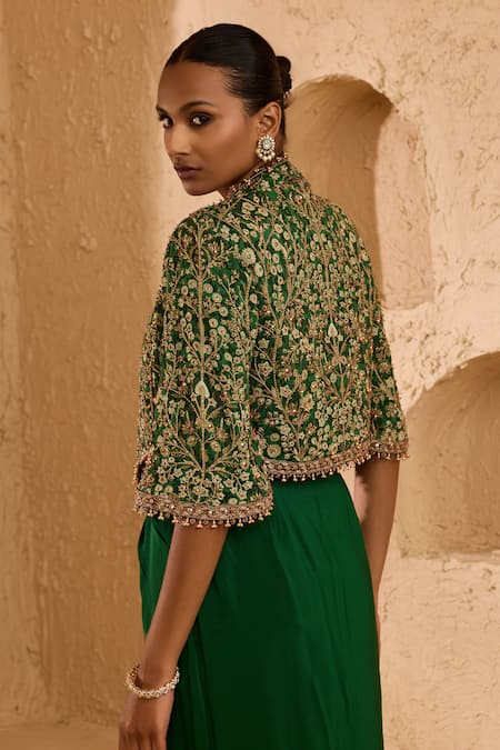 Ridhima Bhasin_Green Georgette, Crepe Embroidery, Beads, Arden Jacket And Draped Skirt Set _Online_at_Aza_Fashions