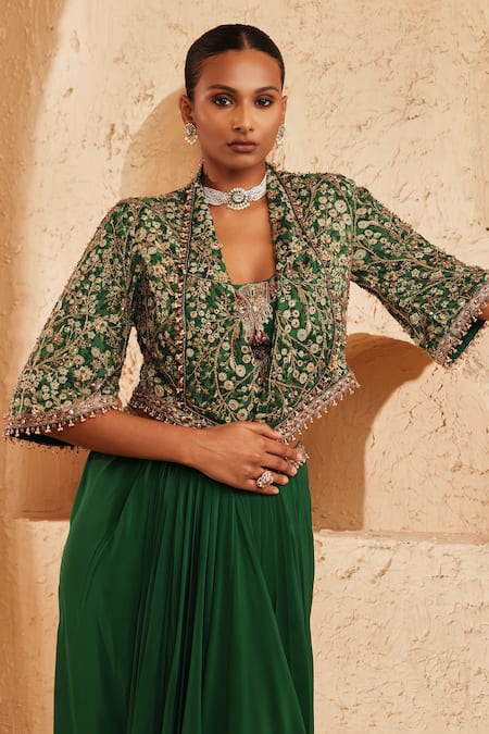 Buy_Ridhima Bhasin_Green Georgette, Crepe Embroidery, Beads, Arden Jacket And Draped Skirt Set _Online_at_Aza_Fashions