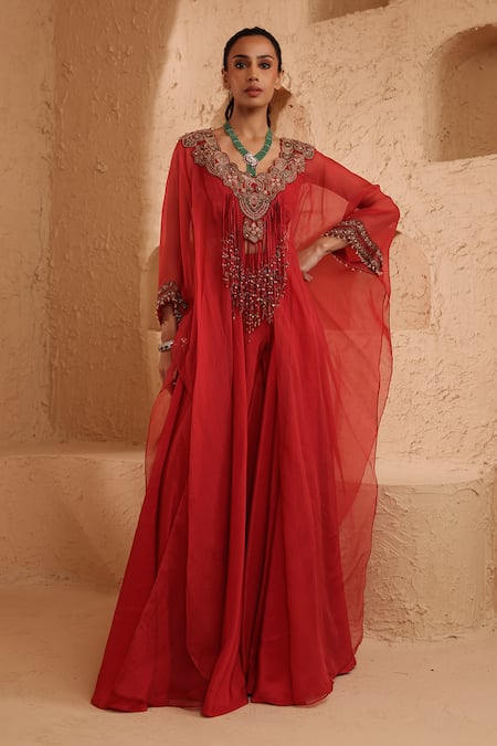 Ridhima Bhasin Red Organza, Crepe Embroidery, Sequins, Beads, Metallic Kair Kaftan And Pant Set Online at Aza Fashions Ridhima Bhasin_Red Organza, Crepe Embroidery, Sequins, Beads, Metallic Kair Kaftan And Pant Set _Online_at_Aza_Fashions