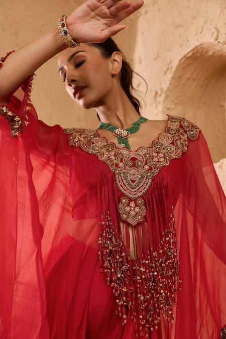 Buy Ridhima Bhasin Red Organza, Crepe Embroidery, Sequins, Beads, Metallic Kair Kaftan And Pant Set Online at Aza Fashions Buy_Ridhima Bhasin_Red Organza, Crepe Embroidery, Sequins, Beads, Metallic Kair Kaftan And Pant Set _Online_at_Aza_Fashions