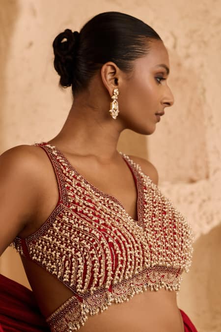 Shop_Ridhima Bhasin_Red Chiffon, Organza Zari, Embroidery, Miera Embellished Saree With Blouse _Online_at_Aza_Fashions