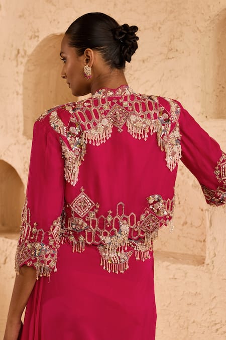 Buy_Ridhima Bhasin_Fuchsia Organza, Crepe Beads, Sequins, Fringe, Miasha Jacket And Skirt Set _Online_at_Aza_Fashions