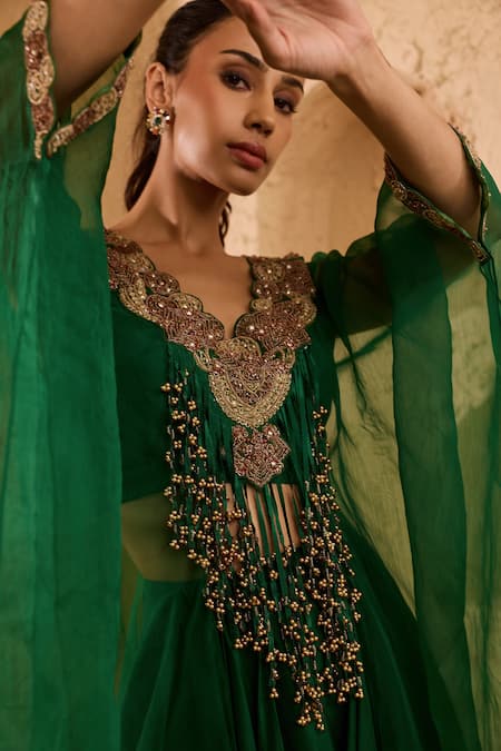 Ridhima Bhasin_Green Organza, Crepe Beads, Embroidery Zivah Embellished Kaftan And Pant Set _Online_at_Aza_Fashions