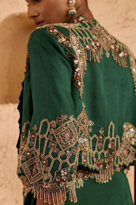 Ridhima Bhasin_Green Organza, Crepe Sequins, Beads, Rivana Embroidered Jacket Skirt Set _Online_at_Aza_Fashions