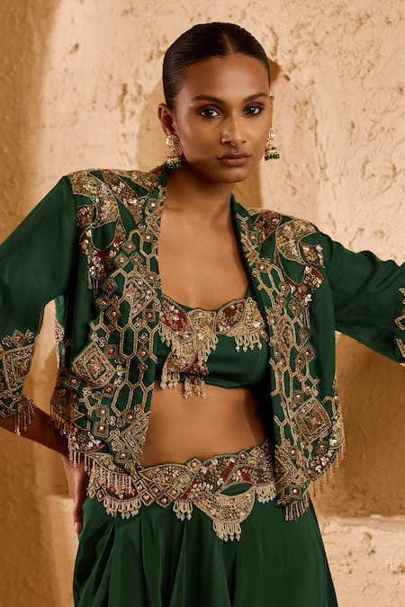 Buy_Ridhima Bhasin_Green Organza, Crepe Sequins, Beads, Rivana Embroidered Jacket Skirt Set _Online_at_Aza_Fashions