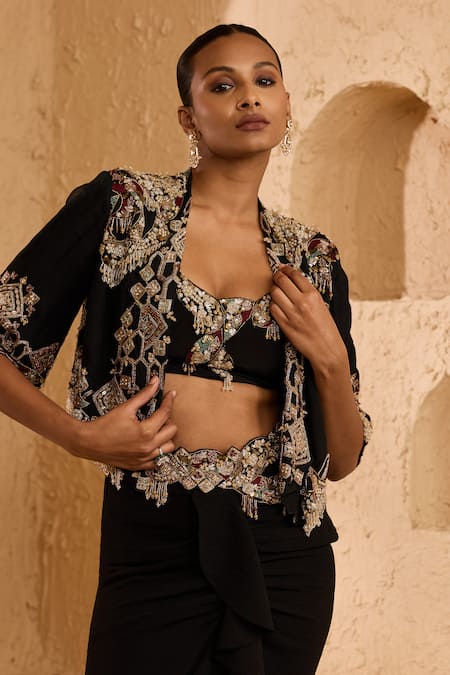 Ridhima Bhasin_Black Organza, Crepe Beads, Sequins, Lustre Embellished Jacket Skirt Set _at_Aza_Fashions