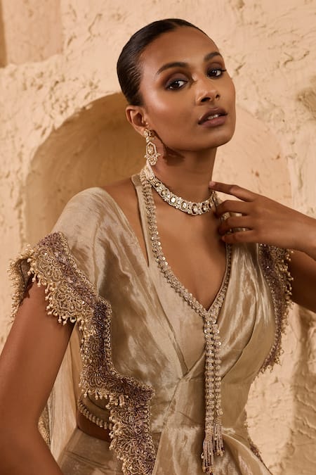 Ridhima Bhasin Silver Tissue, Silk Beads, Embroidery, Tassels V-neck Avira Blouse Sharara Set Online at Aza Fashions Ridhima Bhasin_Silver Tissue, Silk Beads, Embroidery, Tassels V-neck Avira Blouse Sharara Set _Online_at_Aza_Fashions