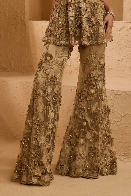 Ridhima Bhasin_Beige Net Embroidery, Sequins, Beads Square Neck Siora Peplum Tunic And Pant Set _Online_at_Aza_Fashions