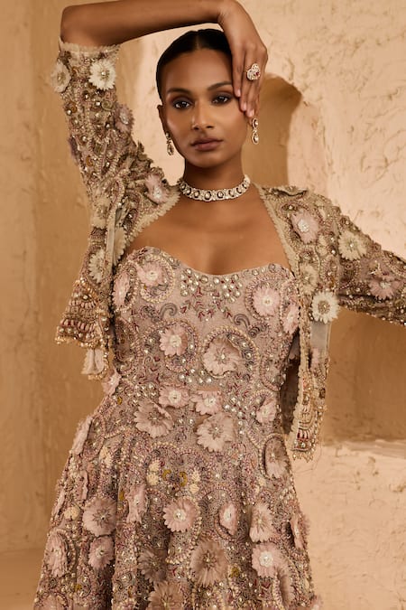 Buy_Ridhima Bhasin_Beige Net, Organza Beads, Sequins, Fabric Flowers Myra Floral Applique Tunic Set _Online_at_Aza_Fashions