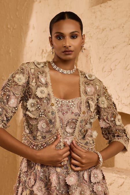 Shop_Ridhima Bhasin_Beige Net, Organza Beads, Sequins, Fabric Flowers Myra Floral Applique Tunic Set _Online_at_Aza_Fashions
