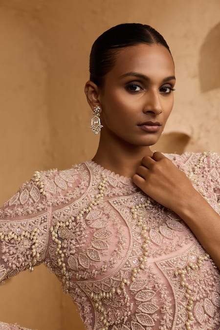 Ridhima Bhasin Pink Net, Organza Beads, Sequins Round Alina Embellished Kurta And Palazzo Set Online at Aza Fashions Ridhima Bhasin_Pink Net, Organza Beads, Sequins Round Alina Embellished Kurta And Palazzo Set _Online_at_Aza_Fashions