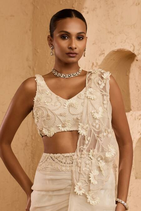 Ridhima Bhasin_Ivory Organza Embroidery, Applique V-neck Esme Pre-draped Saree And Blouse Set _Online_at_Aza_Fashions