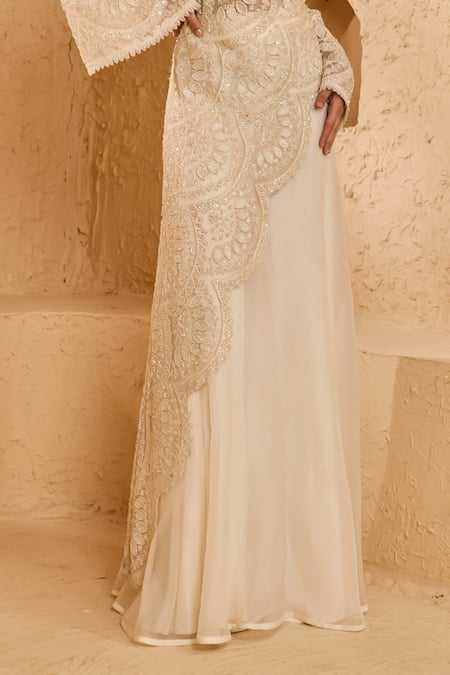 Ridhima Bhasin Ivory Net, Organza Beads, Embroidery Round Neck Noorah Kurta Palazzo Set Online at Aza Fashions Ridhima Bhasin_Ivory Net, Organza Beads, Embroidery Round Neck Noorah Kurta Palazzo Set _Online_at_Aza_Fashions