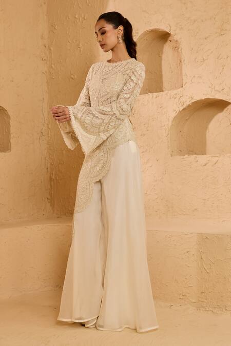 Shop Ridhima Bhasin Ivory Net, Organza Beads, Embroidery Round Neck Noorah Kurta Palazzo Set Online at Aza Fashions Shop_Ridhima Bhasin_Ivory Net, Organza Beads, Embroidery Round Neck Noorah Kurta Palazzo Set _Online_at_Aza_Fashions