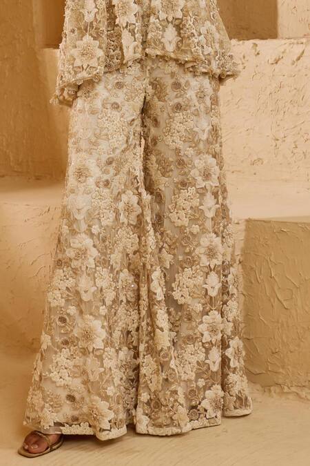 Shop_Ridhima Bhasin_Ivory Net Embroidery, Zari, Sequins, Beads V-neck Scarlet Floral Kurta Set _Online_at_Aza_Fashions