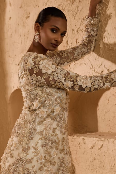 Ridhima Bhasin Ivory Net Sequins, Beads, Metallic Thread, Embroidery Scarlet Floral Kurta Set Online at Aza Fashions Ridhima Bhasin_Ivory Net Sequins, Beads, Metallic Thread, Embroidery Scarlet Floral Kurta Set _Online_at_Aza_Fashions