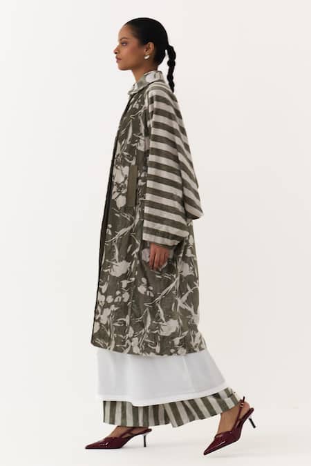 Three_Olive Green Velvet, Cotton, Poplin Collared Floral Print Jacket And Kurta Set _Online_at_Aza_Fashions