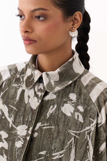 Shop_Three_Olive Green Velvet, Cotton, Poplin Collared Floral Print Jacket And Kurta Set _Online_at_Aza_Fashions