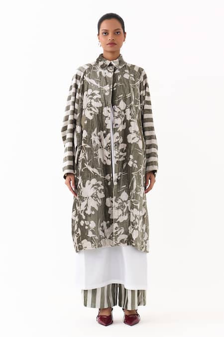 Buy_Three_Olive Green Velvet, Cotton, Poplin Collared Floral Print Jacket And Kurta Set 