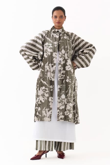 Shop_Three_Olive Green Velvet, Cotton, Poplin Collared Floral Print Jacket And Kurta Set 