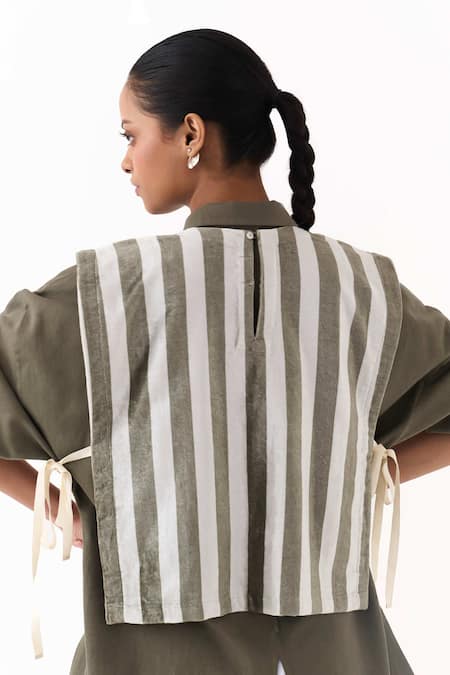 Three_Olive Green Twill, Poplin, Velvet Collared, Crew Stripe Overlay Jacket Pant Set _Online_at_Aza_Fashions