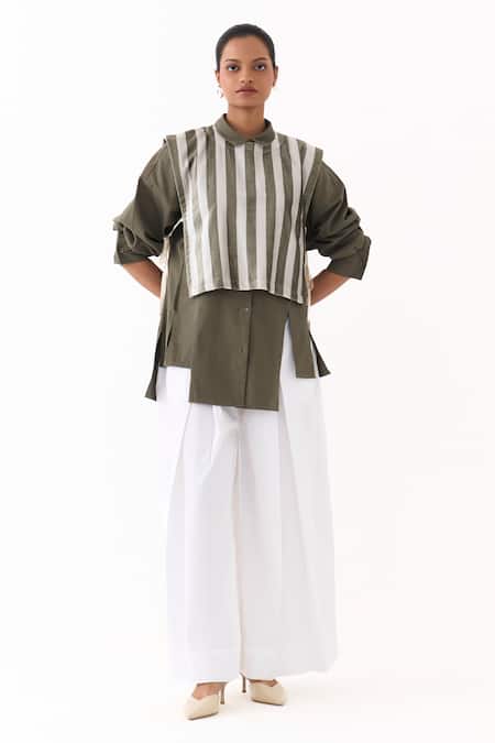 Shop_Three_Olive Green Twill, Poplin, Velvet Collared, Crew Stripe Overlay Jacket Pant Set _Online_at_Aza_Fashions