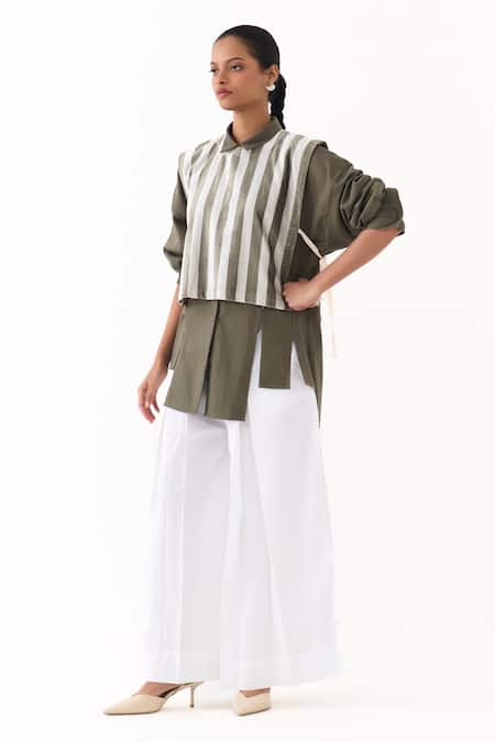Three_Olive Green Twill, Poplin, Velvet Collared, Crew Stripe Overlay Jacket Pant Set _at_Aza_Fashions