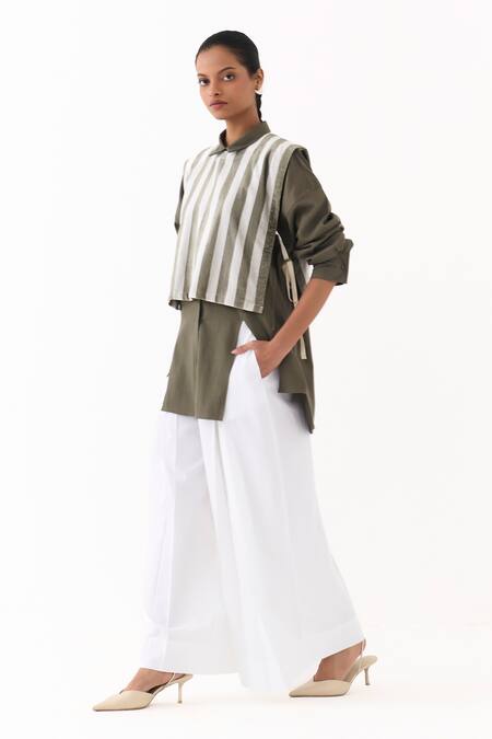 Buy_Three_Olive Green Twill, Poplin, Velvet Collared, Crew Stripe Overlay Jacket Pant Set 