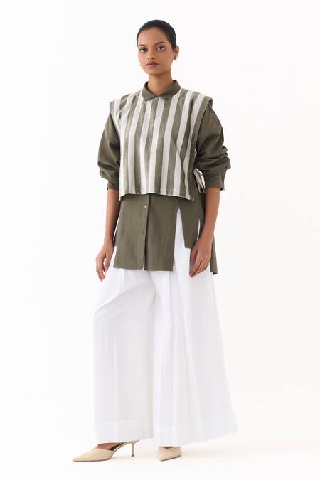 Shop_Three_Olive Green Twill, Poplin, Velvet Collared, Crew Stripe Overlay Jacket Pant Set 