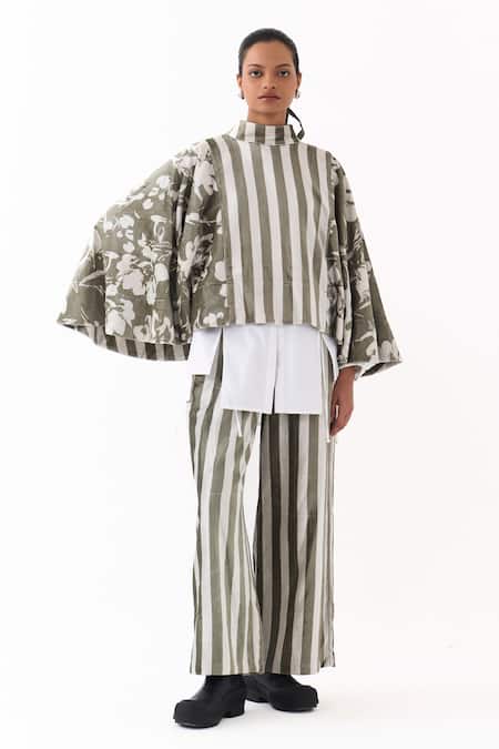 Three Stripe & Floral Print Poncho Top Pant Set 