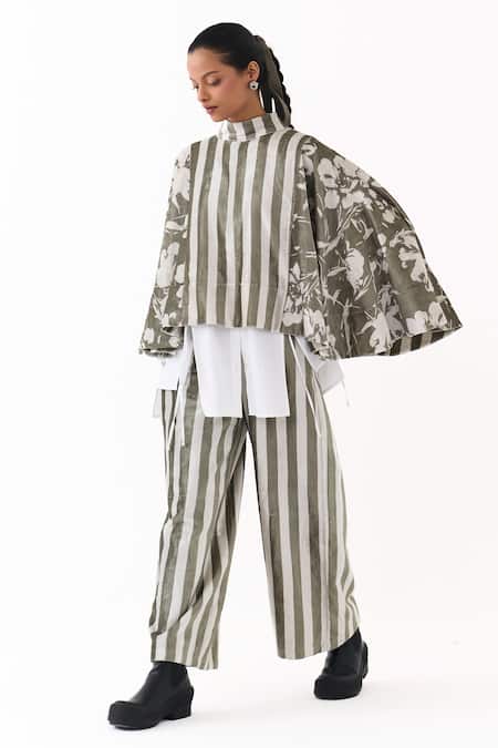 Buy Three Olive Green Velvet, Cotton, Poplin Stripe And Floral Print Poncho Top Pant Set Online at Aza Fashions Buy_Three_Olive Green Velvet, Cotton, Poplin Stripe And Floral Print Poncho Top Pant Set _Online_at_Aza_Fashions