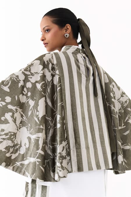 Shop Three Olive Green Velvet, Cotton, Poplin Stripe And Floral Print Poncho Top Pant Set Online at Aza Fashions Shop_Three_Olive Green Velvet, Cotton, Poplin Stripe And Floral Print Poncho Top Pant Set _Online_at_Aza_Fashions