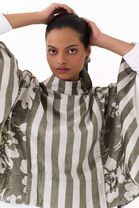 Three Olive Green Velvet, Cotton, Poplin Stripe And Floral Print Poncho Top Pant Set at Aza Fashions Three_Olive Green Velvet, Cotton, Poplin Stripe And Floral Print Poncho Top Pant Set _at_Aza_Fashions