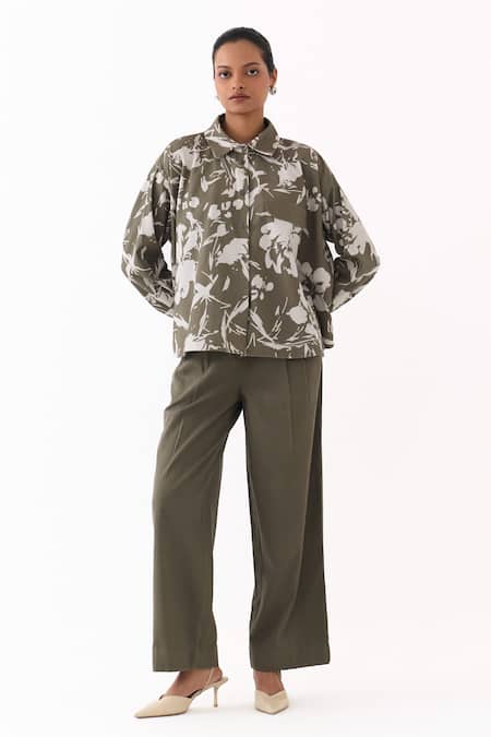 Three_Olive Green Twill Collared Floral Print Shirt And Pant Set _Online_at_Aza_Fashions