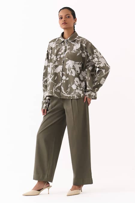 Buy_Three_Olive Green Twill Collared Floral Print Shirt And Pant Set _Online_at_Aza_Fashions