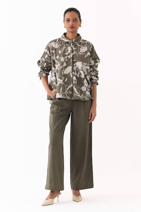 Shop_Three_Olive Green Twill Collared Floral Print Shirt And Pant Set _Online_at_Aza_Fashions