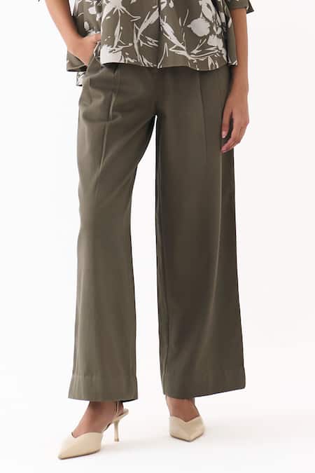 Three_Olive Green Twill Collared Floral Print Shirt And Pant Set _at_Aza_Fashions