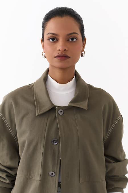 Three_Olive Green Twill Collared Printed Jacket And Skirt Set _Online_at_Aza_Fashions