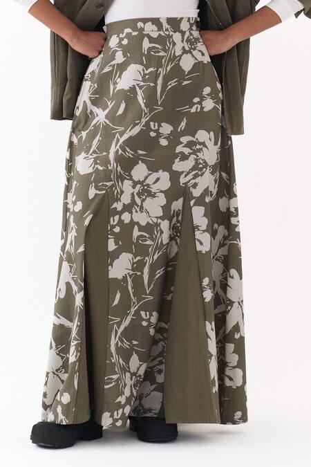 Shop_Three_Olive Green Twill Collared Printed Jacket And Skirt Set _Online_at_Aza_Fashions