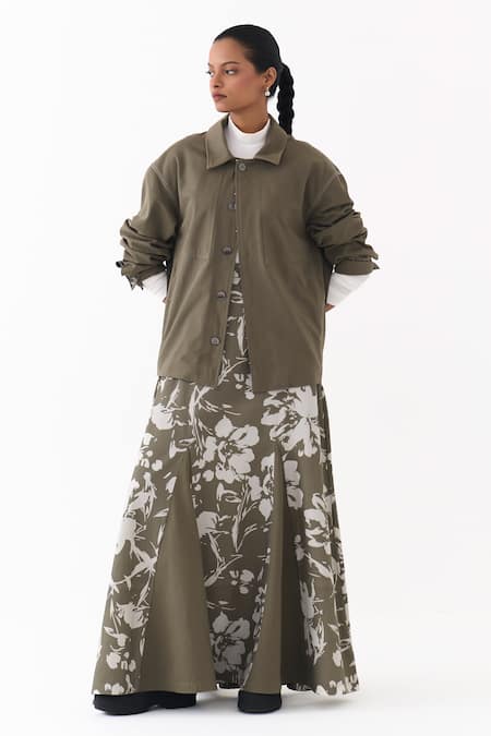 Three_Olive Green Twill Collared Printed Jacket And Skirt Set _at_Aza_Fashions