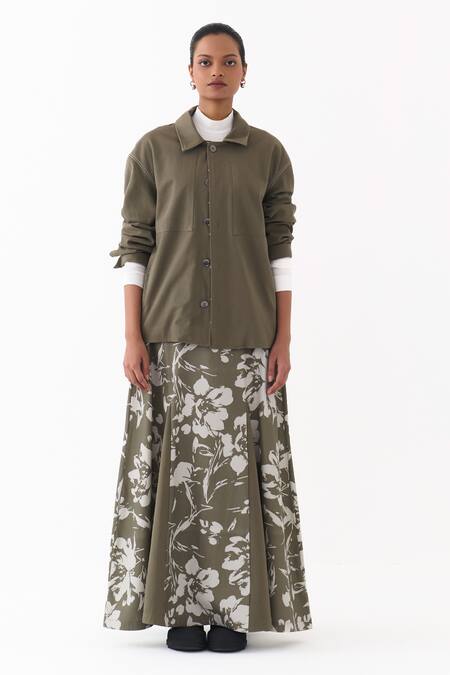 Buy_Three_Olive Green Twill Collared Printed Jacket And Skirt Set 