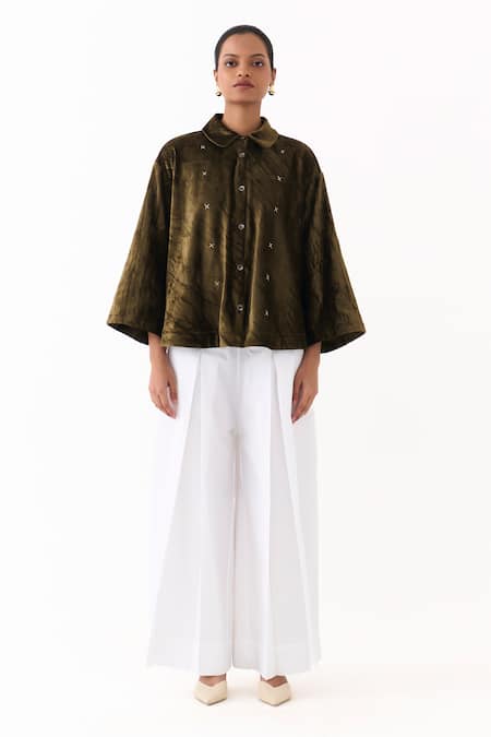 Shop_Three_Olive Green Velvet, Poplin Embroidery Collared Shirt With Inverted Pleated Pant _Online_at_Aza_Fashions